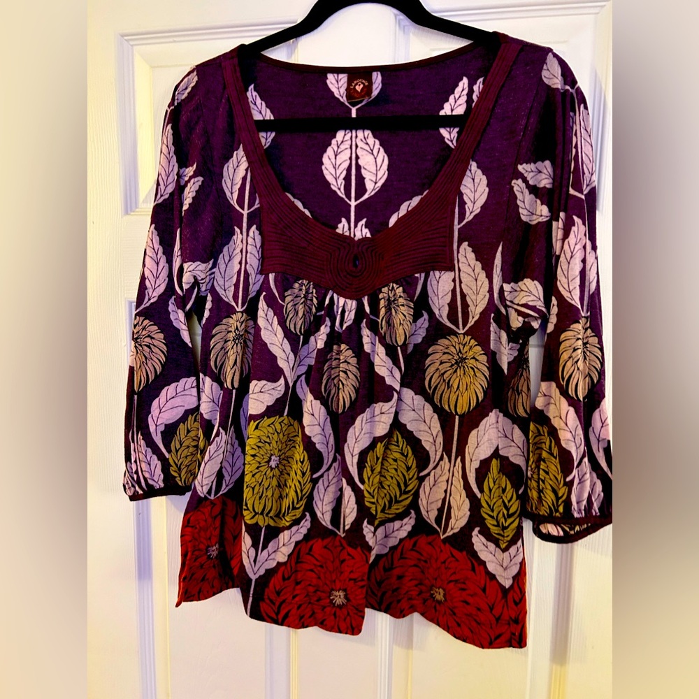 Language - Large - Purple Burnt Orange Floral Long Sleeve Thin Blouse Top/Shirt
